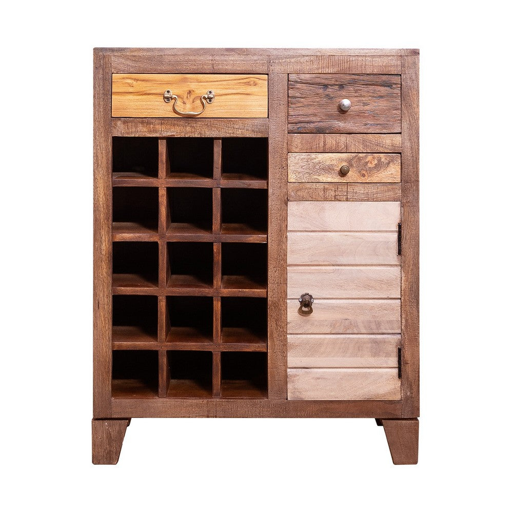 35 Inch 3 Drawer Mango Wood 15 Bottle Wine Accent Cabinet with 1 Door Storage, Brown - UPT-238087