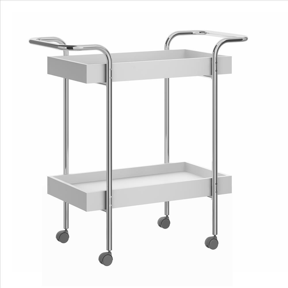 Storage Cart with 2 Tier Design and Metal Frame, White and Chrome - UPT-238278