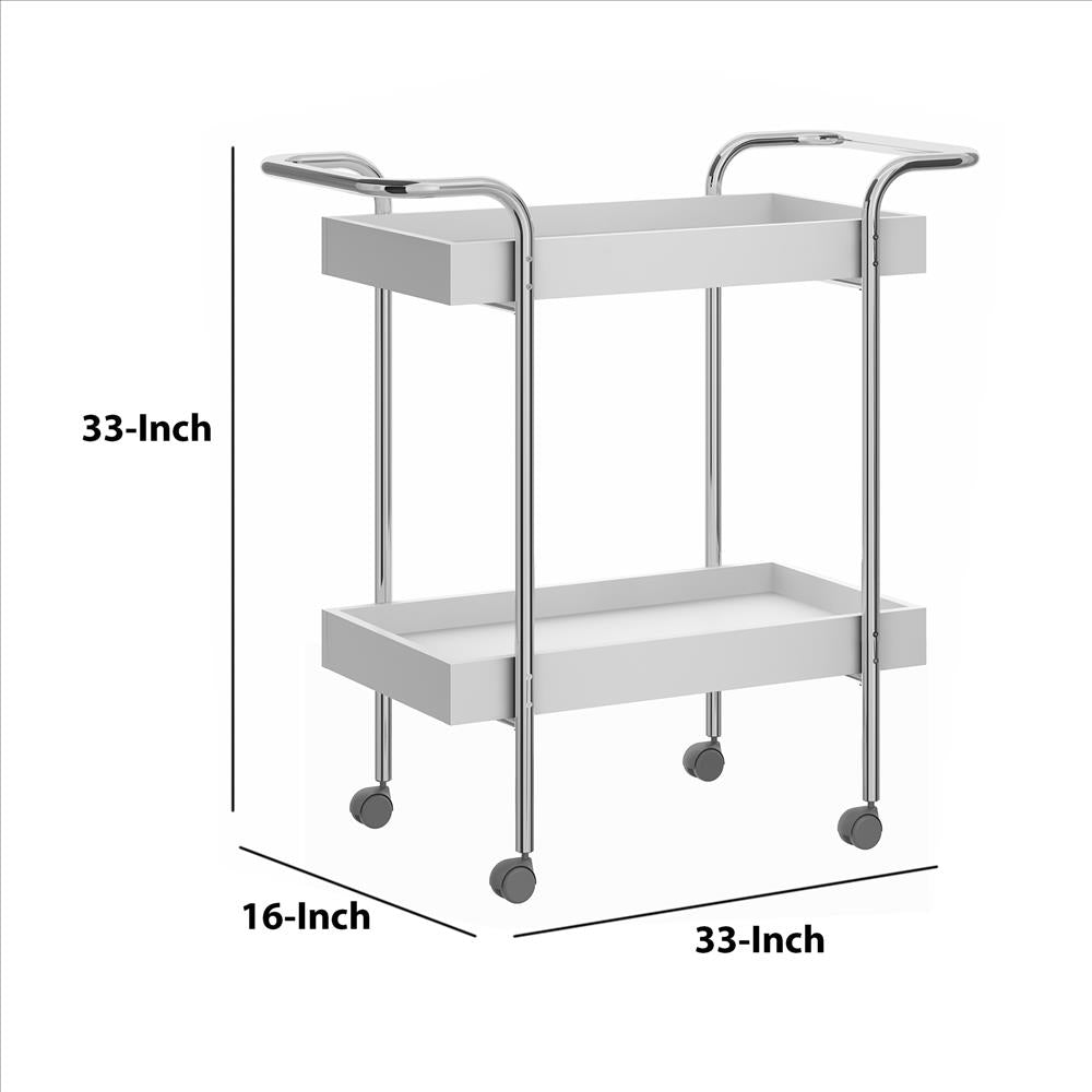Storage Cart with 2 Tier Design and Metal Frame, White and Chrome - UPT-238278