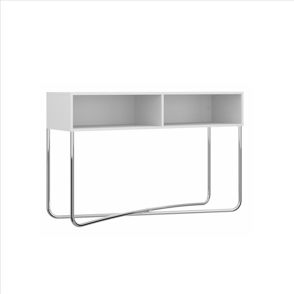 Wooden Console Table with 2 Open Compartments and Metal Frame, White and Chrome - UPT-238280