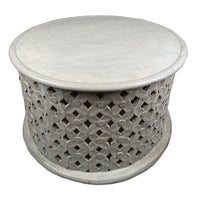 Cato 28 Inch Artisanal Round Mango Wood Coffee Table, Intricate Diamond Lattice Cut Out Frame, Washed White- UPT-241080