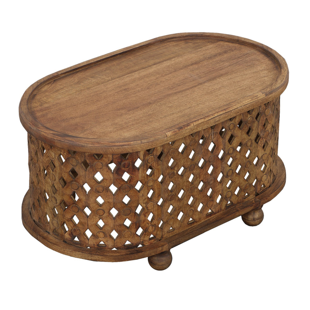 36 Inch Handcrafted Oval Coffee Table, Intricate Cutout Design, Antique Brown - UPT-242449
