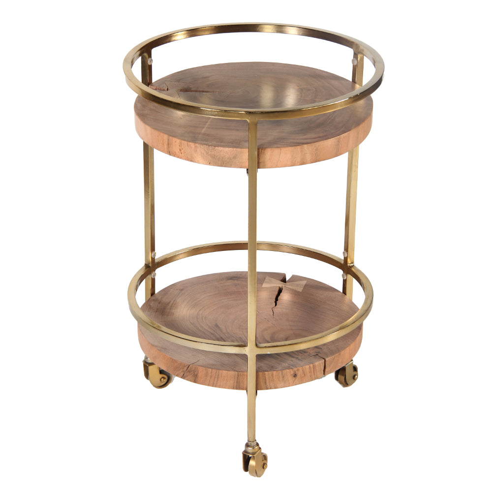 34 Inch 2 Tier Industrial Style Tea and Bar Cart, Live Edge Mango Wood Shelves, Metal Frame, Brown, Brass - UPT-242826
