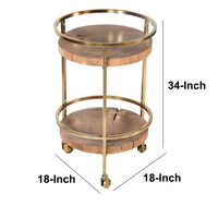 34 Inch 2 Tier Industrial Style Tea and Bar Cart, Live Edge Mango Wood Shelves, Metal Frame, Brown, Brass - UPT-242826