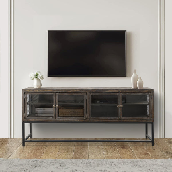 71 Inch Rustic Media Console TV Stand, 4 Glass Panel Doors, Solid Wood, Metal Frame, Brown and Black -  UPT-248010