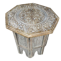 Olta 18 Inch Handcrafted Farmhouse Side Table, Engraved Carved Design, Mango Wood, Octagonal Top, Antique Brown - UPT-248136