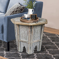 Olta 18 Inch Handcrafted Farmhouse Side Table, Engraved Carved Design, Mango Wood, Octagonal Top, Antique Brown - UPT-248136