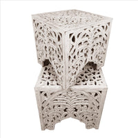 Wooden End Table with Floral Cut Out Design, Set of 2, Antique White - UPT-248137