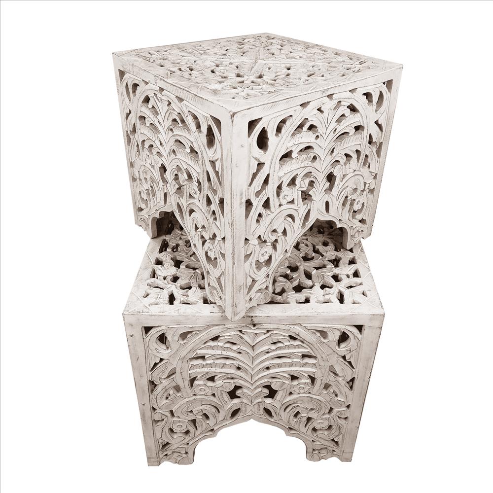 Wooden End Table with Floral Cut Out Design, Set of 2, Antique White - UPT-248137