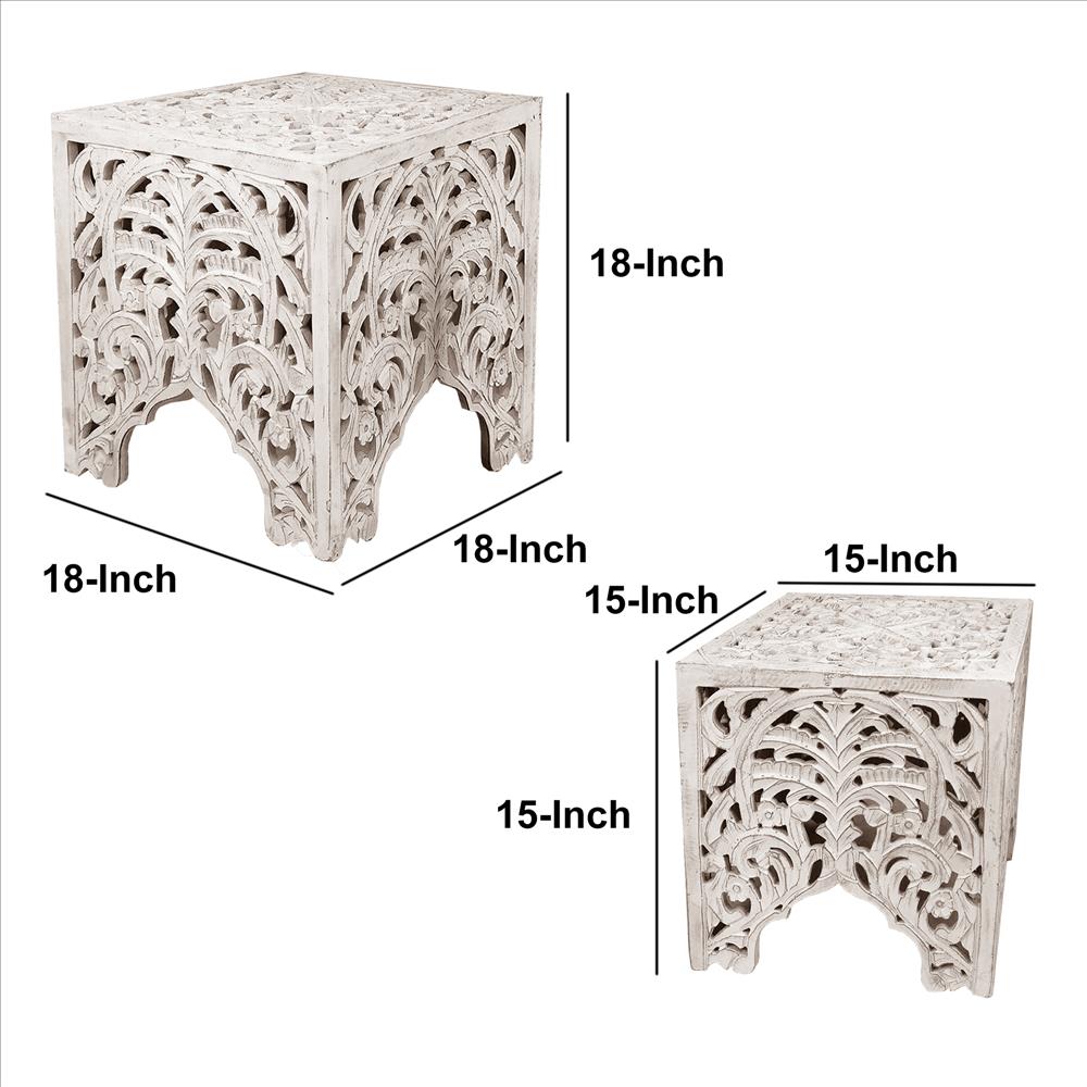 Wooden End Table with Floral Cut Out Design, Set of 2, Antique White - UPT-248137