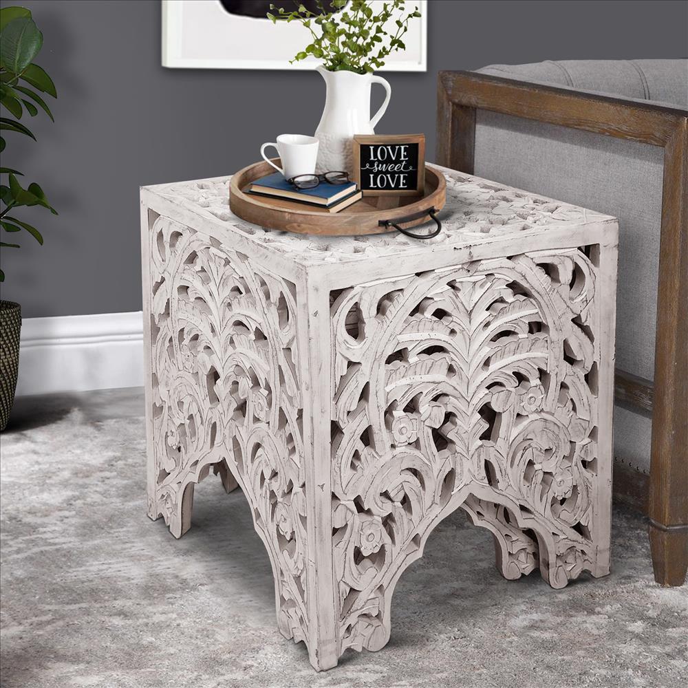 Wooden End Table with Floral Cut Out Design, Set of 2, Antique White - UPT-248137