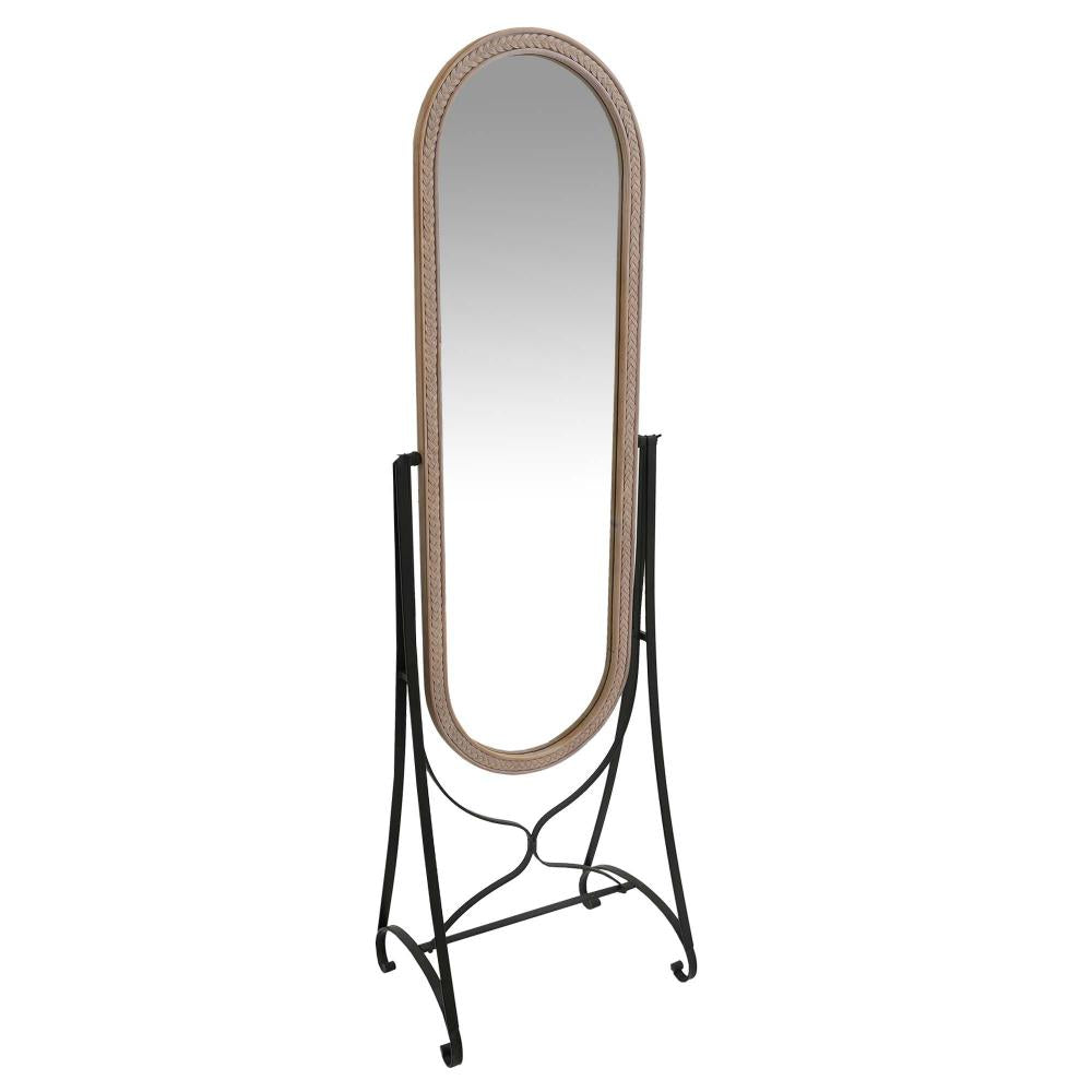 64 Inch Tall Adjustable Floor Mirror with Oval Carved Wood Frame and Metal Stand, Brown - UPT-250428