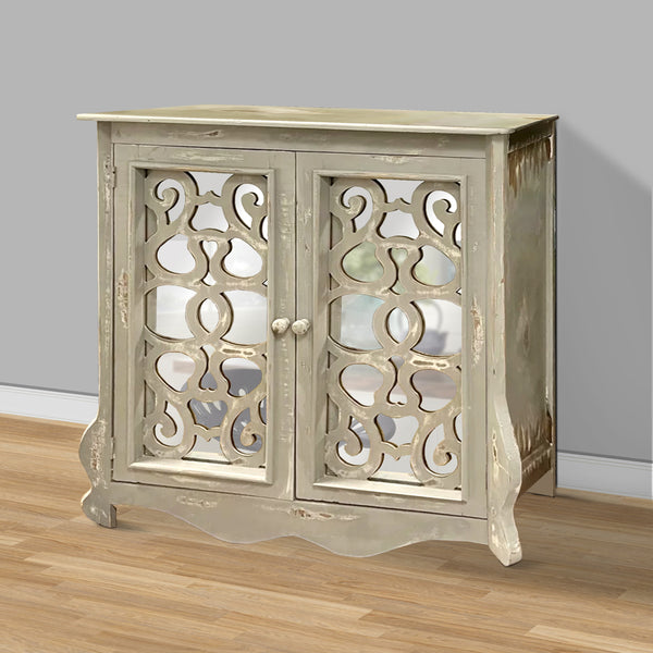 Storage Console with 2 Doors and Scrolled Mirror Trim, Antique White and Silver - UPT-262893