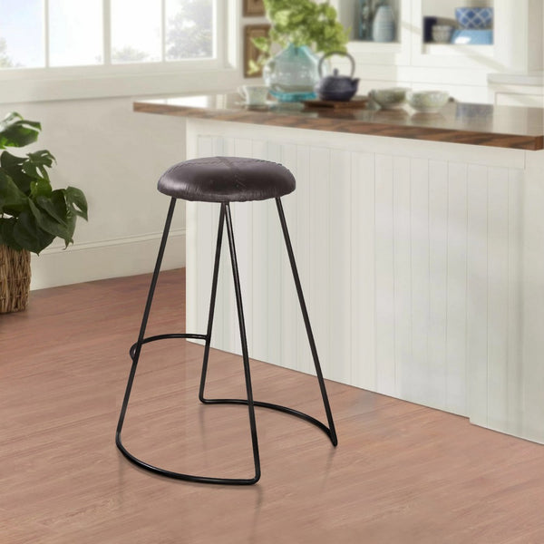 26 Inch Modern Counter Height Stool, Genuine Leather Upholstery, Metal Frame, Baseball Stitching, Black - UPT-266369