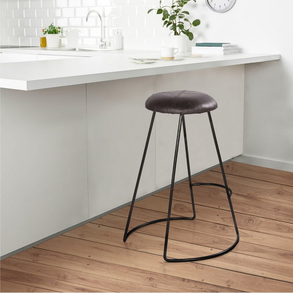 Uri 26 Inch Modern Counter Height Stool, Genuine Leather Upholstery, Metal Frame, Baseball Stitching, Black - UPT-266369