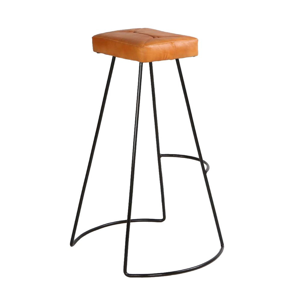 Uri 32 Inch Modern Bar Stool, Genuine Leather Seat, Metal Frame, Button Tufted, Tan Brown, Black - UPT-266370