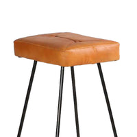 Uri 32 Inch Modern Bar Stool, Genuine Leather Seat, Metal Frame, Button Tufted, Tan Brown, Black - UPT-266370