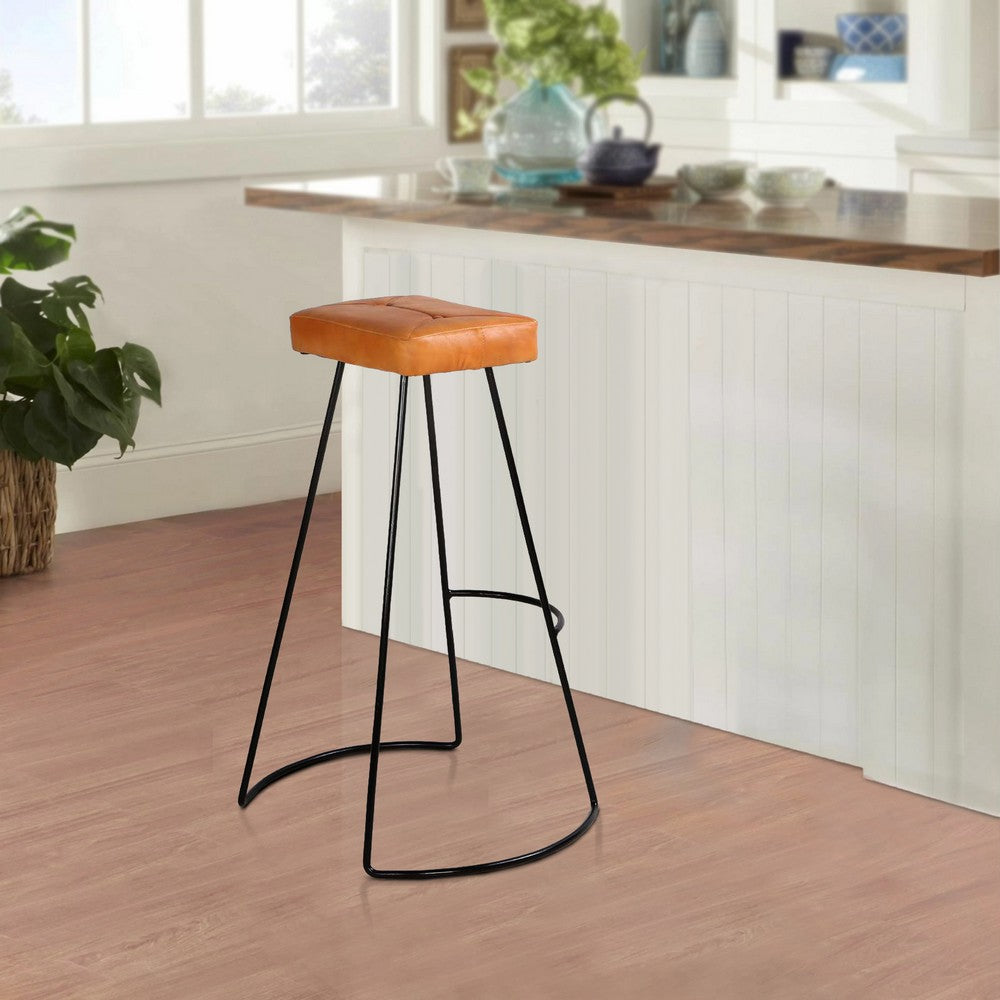 32 Inch Modern Bar Stool, Genuine Leather Seat, Metal Frame, Button Tufted, Tan Brown, Black - UPT-266370