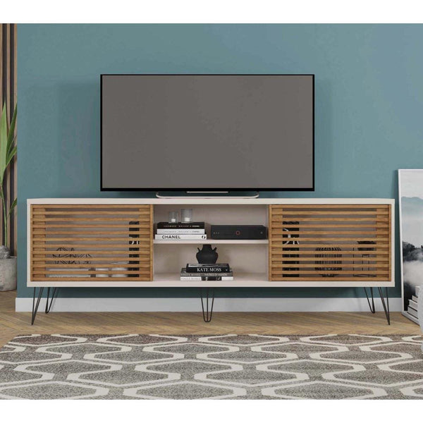 71 Inch Arthur Wooden TV Stand with 2 Slatted Sliding Doors, Brown and Off White - UPT-271300