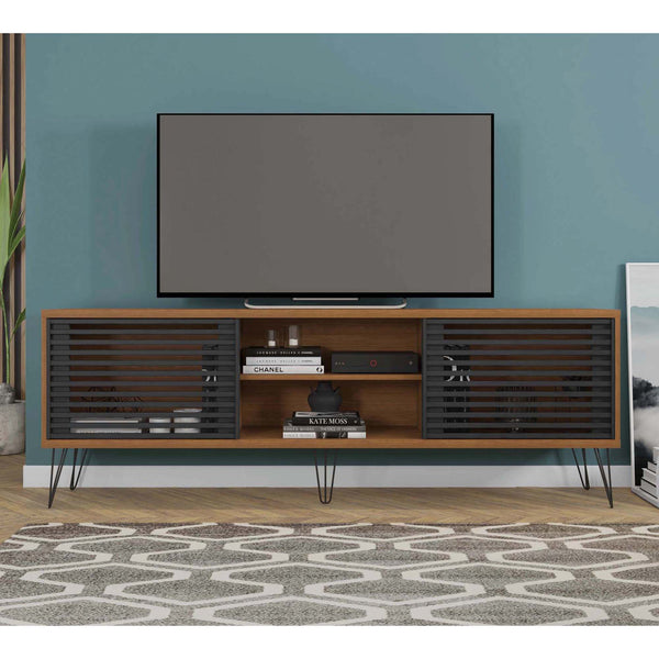 71 Inch Arthur Wooden TV Stand with 2 Slatted Sliding Doors, Walnut Brown and Black - UPT-271301