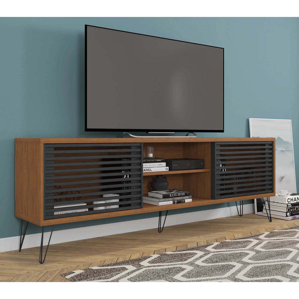 71 Inch Arthur Wooden TV Stand with 2 Slatted Sliding Doors, Walnut Brown and Black - UPT-271301