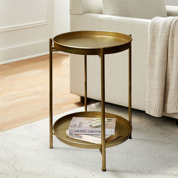 Vica 20 Inch High Round Side End Table with 2 Tier Iron Frame, Matte Gold - UPT-271319