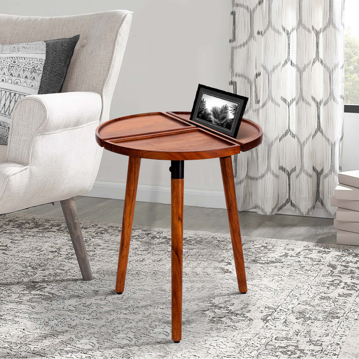 18 Inch Round Acacia Wood Side Accent End Table with 3 Tabletop Sections, Warm Brown - UPT-272009