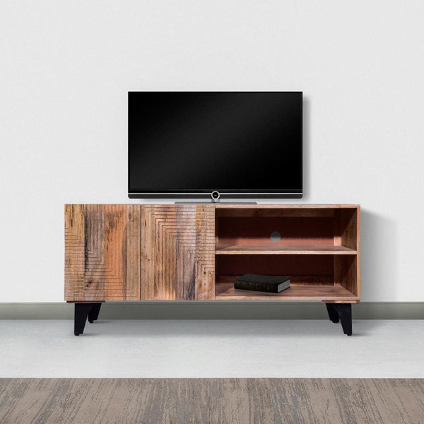 Kai 55 Inch Mango Wood TV Media Console with 2 Doors and Embossed Geometric Design, Natural Brown - UPT-272535