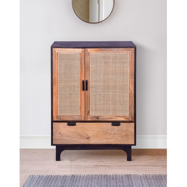 42 Inch Mango Wood Armoire Storage Cabinet, 2 Cane Rattan Woven Doors, 1 Drawer, Brown, Black - UPT-272551