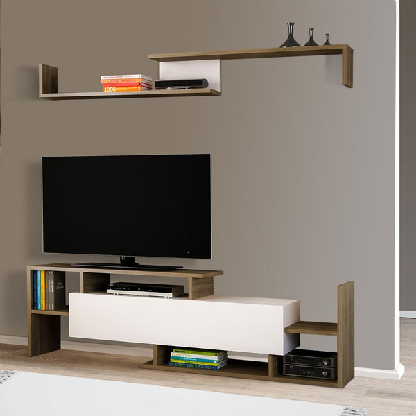 Seth 60 Inch Modern Wooden TV Console Entertainment Center with Floating Wall Shelf, 2 Piece Set, White and Brown - UPT-272748