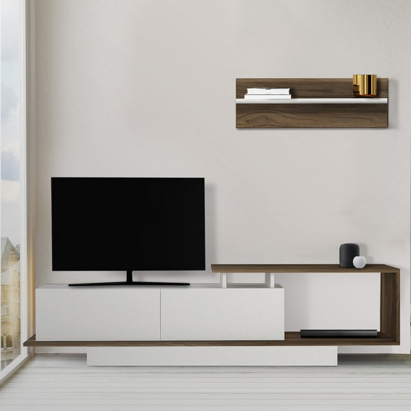 Seth 71 Inch Modern Wooden TV Console Entertainment Center with Floating Wall Shelf, 2 Piece Set, White and Brown - UPT-272749