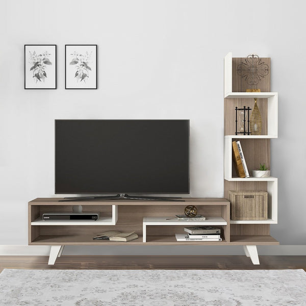 59 Inch Modern Wood TV Console Entertainment Center, Stacked Shelves, White and Oak Brown - UPT-272756