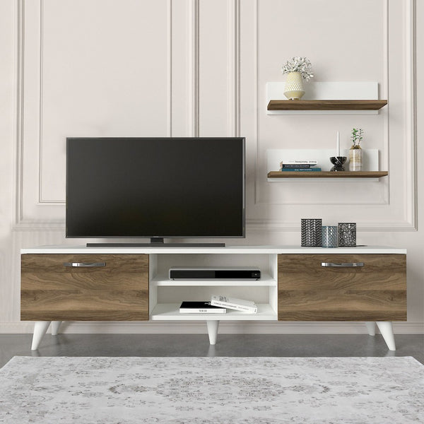 59 Inch Wood TV Console Entertainment Center, 2 Drop Down Doors, 2 Wall Shelves, Walnut, White - UPT-272762