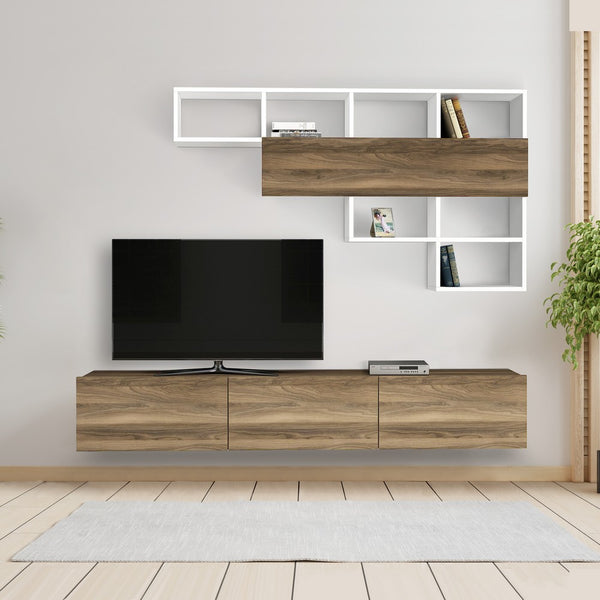 71 Inch Wall Mount TV Console Entertainment Cabinet, 3 Doors, 1 Floating Shelf, Light Walnut, White - UPT-272764