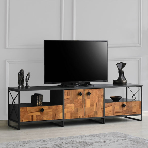 71 Inch Industrial Wooden TV Stand Media Entertainment Center, 4 Doors, 2 Open Compartments, Metal Frame, Brown, Black - UPT-272771