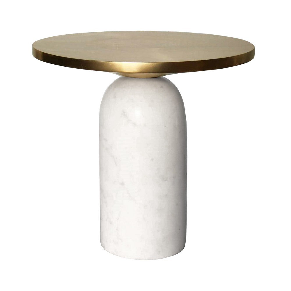 17 Inch Round Brass Modern Accent End Table with Cylindrical Marble Base, Brass, White - UPT-272904