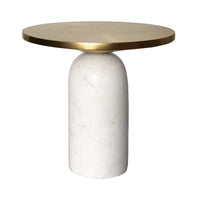 17 Inch Round Brass Modern Accent End Table with Cylindrical Marble Base, Brass, White - UPT-272904