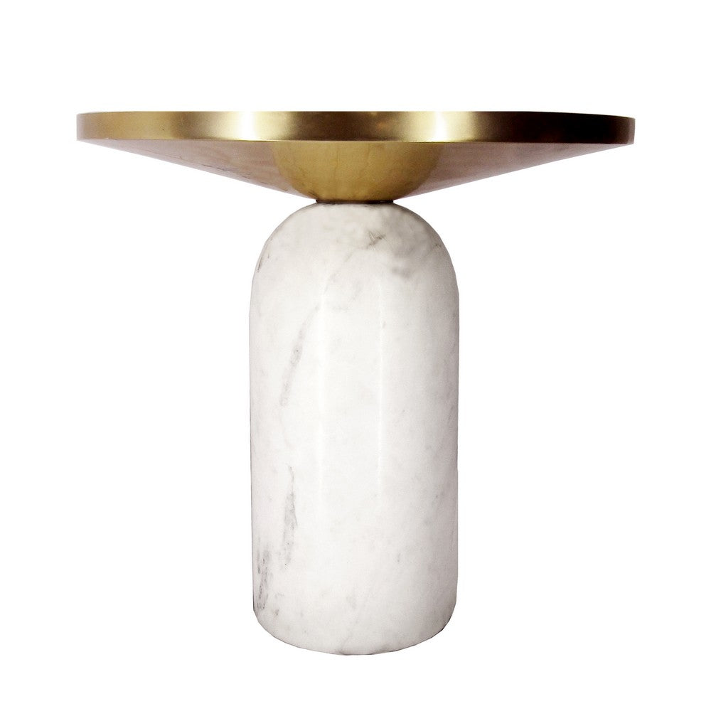 17 Inch Round Brass Modern Accent End Table with Cylindrical Marble Base, Brass, White - UPT-272904