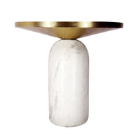 17 Inch Round Brass Modern Accent End Table with Cylindrical Marble Base, Brass, White - UPT-272904
