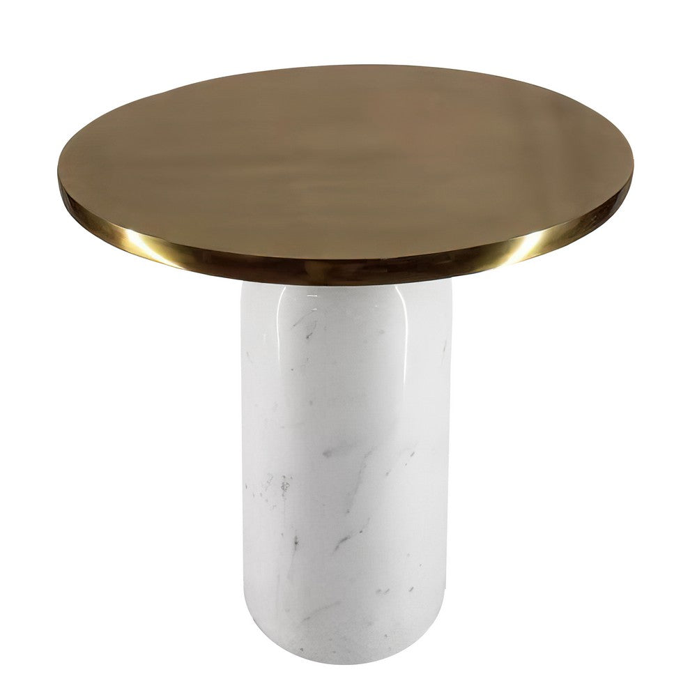 17 Inch Round Brass Modern Accent End Table with Cylindrical Marble Base, Brass, White - UPT-272904