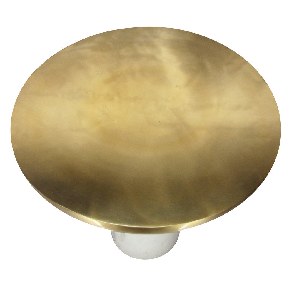 17 Inch Round Brass Modern Accent End Table with Cylindrical Marble Base, Brass, White - UPT-272904