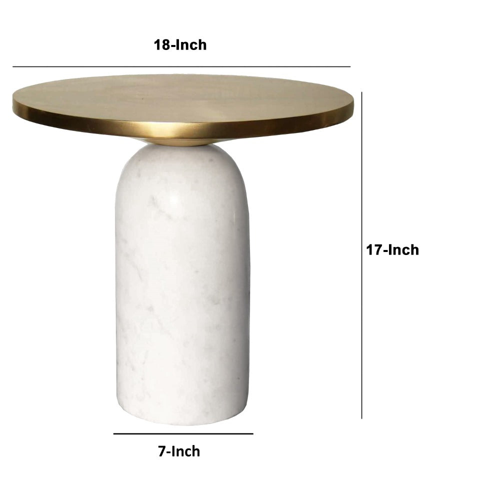 17 Inch Round Brass Modern Accent End Table with Cylindrical Marble Base, Brass, White - UPT-272904