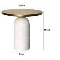 17 Inch Round Brass Modern Accent End Table with Cylindrical Marble Base, Brass, White - UPT-272904