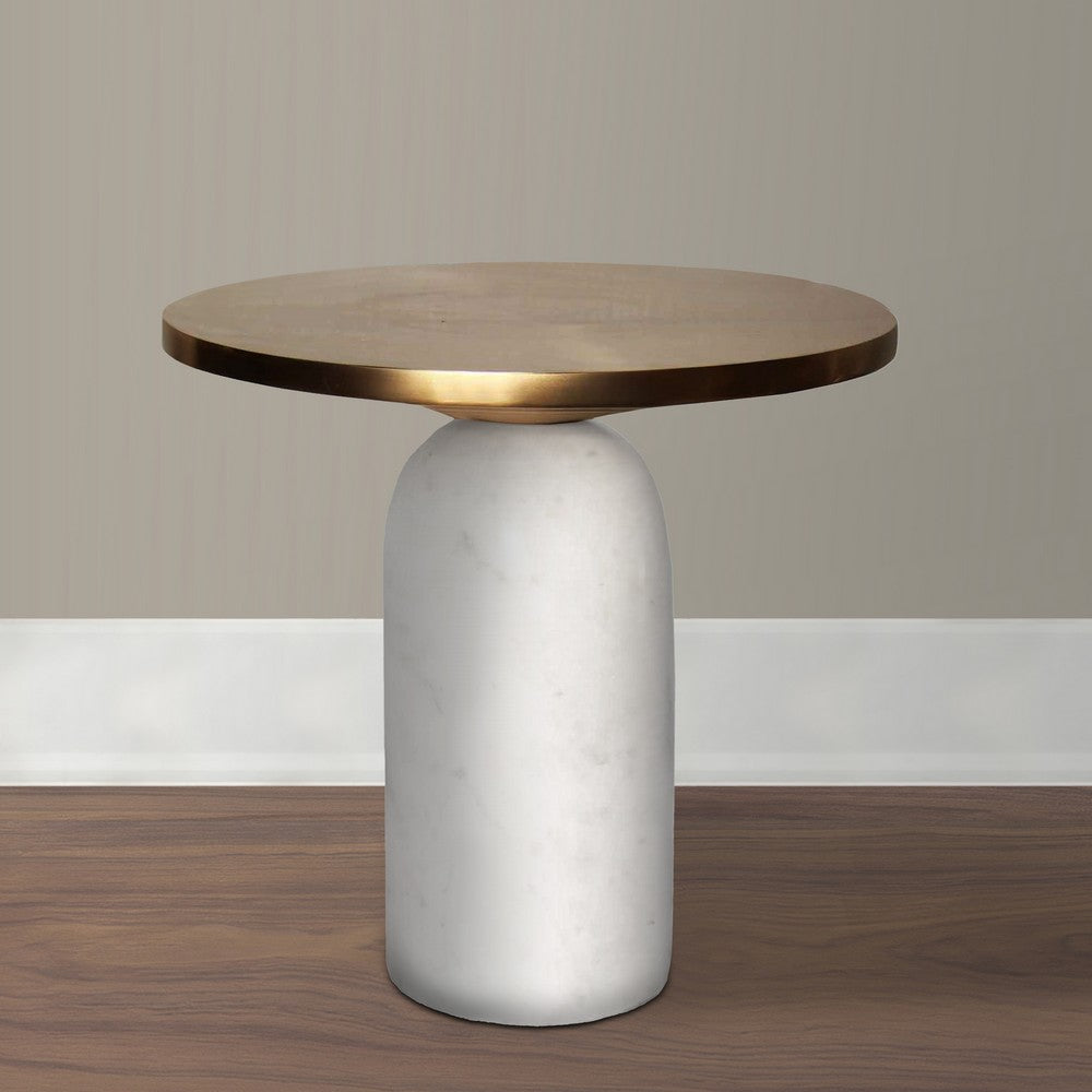 17 Inch Round Brass Modern Accent End Table with Cylindrical Marble Base, Brass, White - UPT-272904