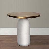 17 Inch Round Brass Modern Accent End Table with Cylindrical Marble Base, Brass, White - UPT-272904