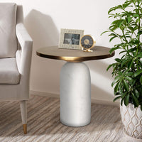 17 Inch Round Brass Modern Accent End Table with Cylindrical Marble Base, Brass, White - UPT-272904
