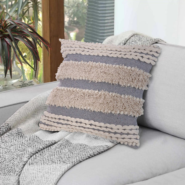 Adiv 18 x 18 Handcrafted Shaggy Cotton Accent Throw Pillows, Woven Yarn, Set of 2, Beige, Gray - UPT-273459