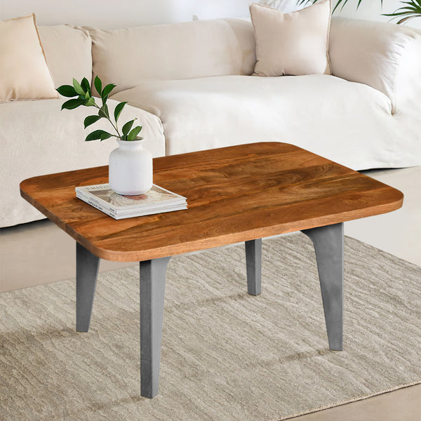 Wade 28 Inch Handcrafted Rectangular Coffee Table, Solid Natural Brown Mango Wood, Inverted U Shape Legs - UPT-274462