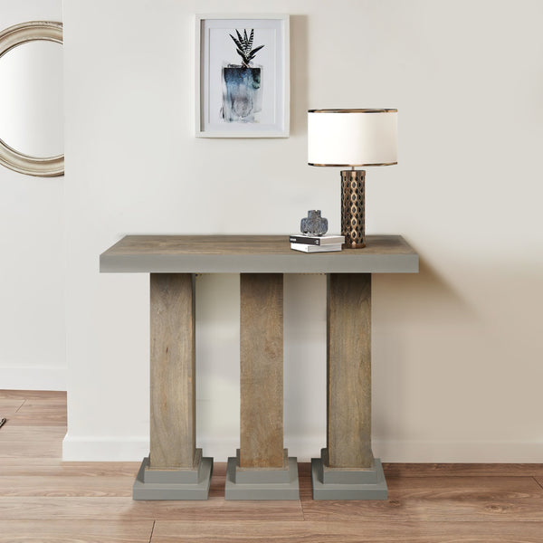 35 Inch Handcrafted Console Table, Solid Mango Wood with Pillar Style Legs in Rustic Brown Finish - UPT-276368