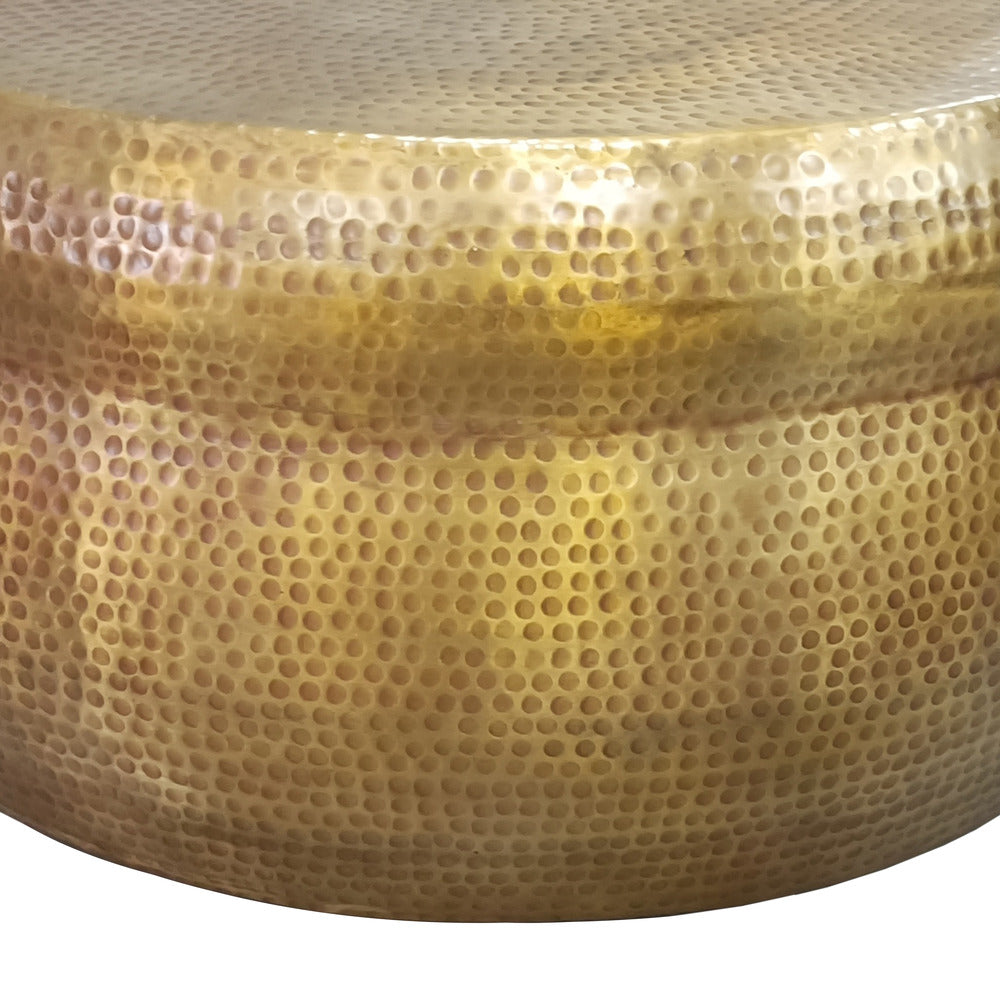 32 Inch Artisanal Round Drum Coffee Table, Hammered Embossed Texturing, Aluminum, Antique Brass - UPT-276805